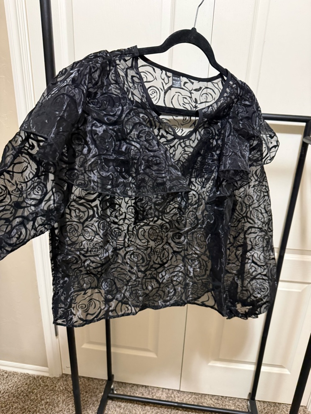 SHEIN Black Sheer Floral Ruffle Blouse